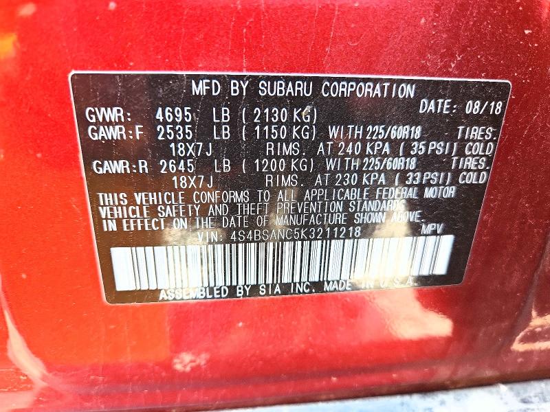 2019 Subaru Outback მანქანა იყიდება აუქციონზე, vin: 4S4BSANC5K3211218, აუქციონის ნომერი: 62481486