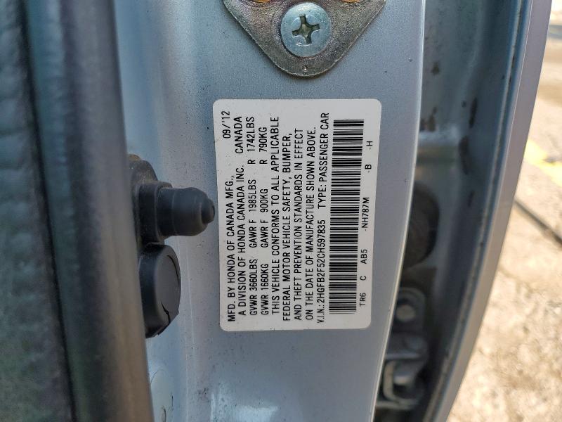 Продаж на аукціоні авто 2012 Honda Civic, vin: 2HGFB2F52CH597835, номер лоту: 59308676