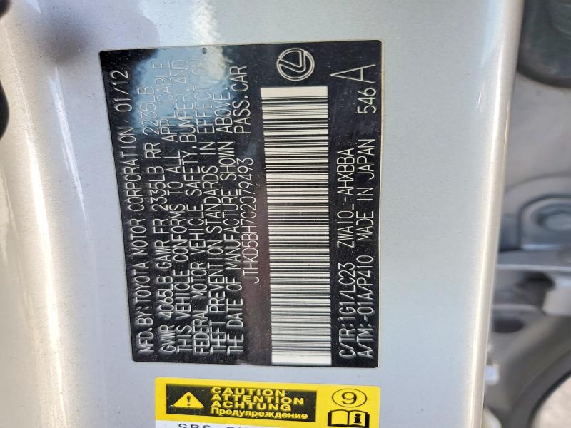60832196 :رقم المزاد ، JTHKD5BH7C2079493 vin ، 2012 Lexus Ct مزاد بيع