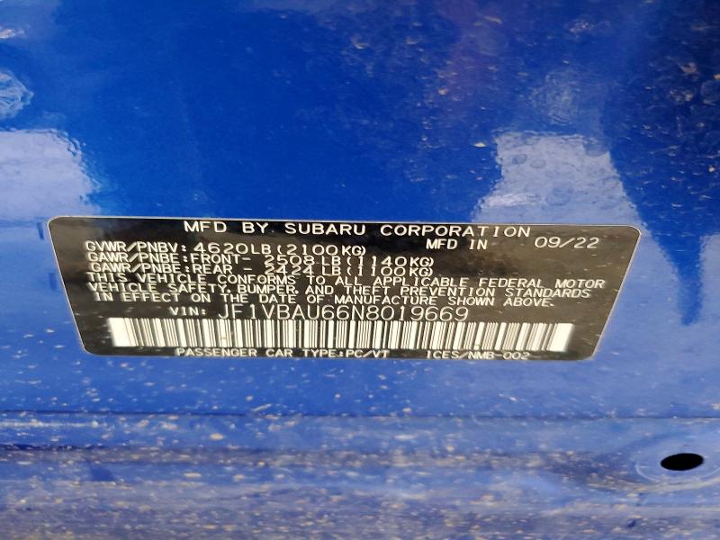 Продажа на аукционе авто 2022 Subaru Wrx, vin: JF1VBAU66N8019669, номер лота: 60308836