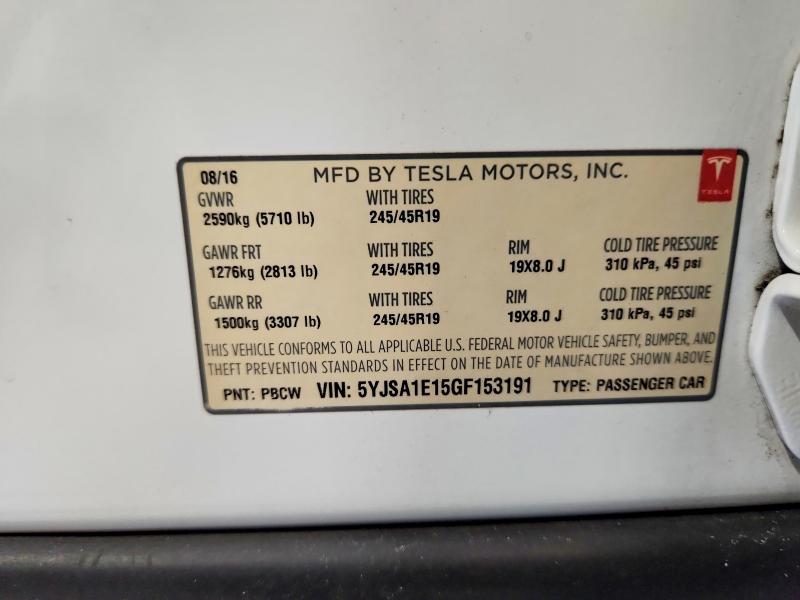 2016 Tesla Model S მანქანა იყიდება აუქციონზე, vin: 5YJSA1E15GF153191, აუქციონის ნომერი: 59224356
