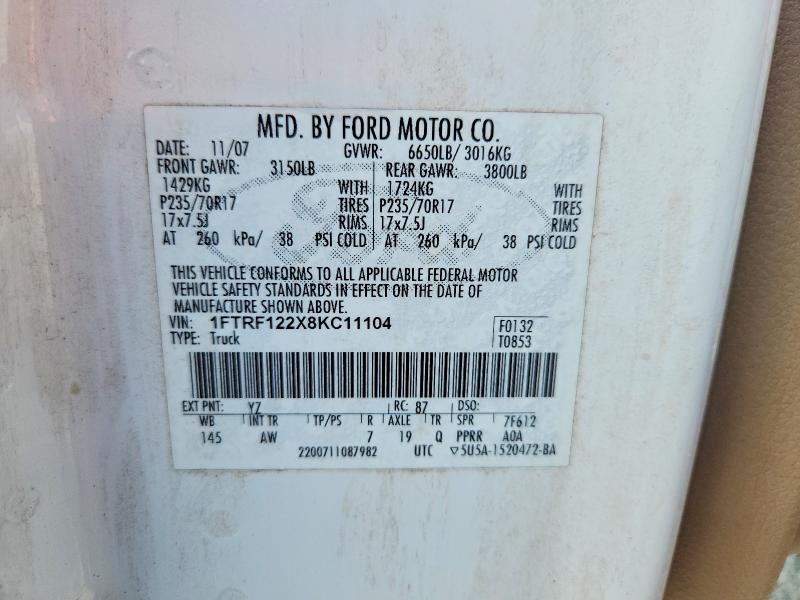 Aukcja sprzedaży 2008 Ford F150, vin: 1FTRF122X8KC11104, numer aukcji: 60638726