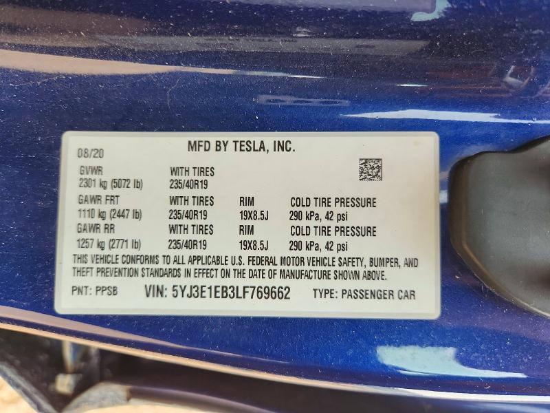 Aukcja sprzedaży 2020 Tesla Model 3, vin: 5YJ3E1EB3LF769662, numer aukcji: 62230776