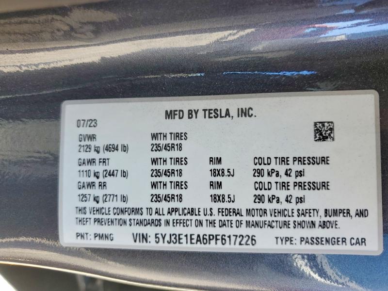 Продаж на аукціоні авто 2023 Tesla Model 3, vin: 5YJ3E1EA6PF617226, номер лоту: 61958146