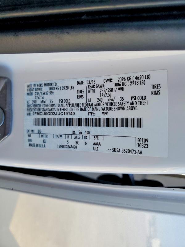 Продаж на аукціоні авто 2018 Ford Escape, vin: 1FMCU0GD2JUC19140, номер лоту: 59377816