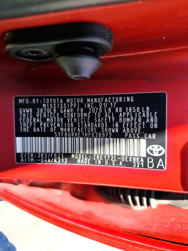 2017 Toyota Corolla მანქანა იყიდება აუქციონზე, vin: 5YFBURHE1HP638972, აუქციონის ნომერი: 60875316