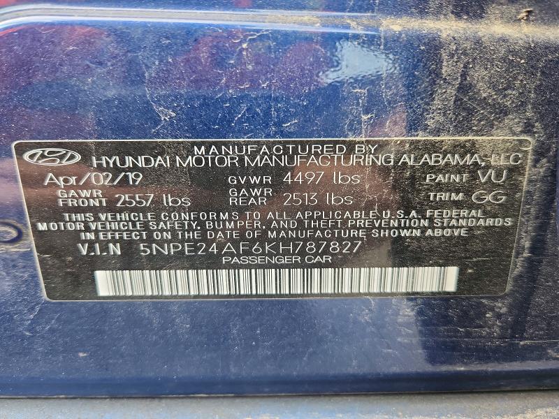 61298416 :رقم المزاد ، 5NPE24AF6KH787827 vin ، 2019 Hyundai Sonata مزاد بيع