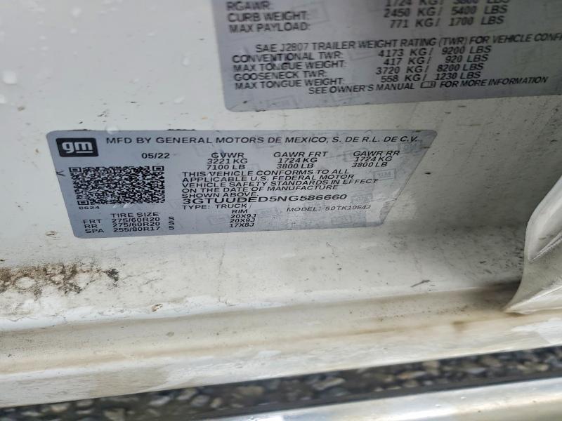 Aukcja sprzedaży 2022 Gmc Sierra, vin: 3GTUUDED5NG586660, numer aukcji: 60495166