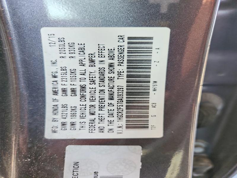 2016 Honda Accord მანქანა იყიდება აუქციონზე, vin: 1HGCR2F57GA093297, აუქციონის ნომერი: 59316486