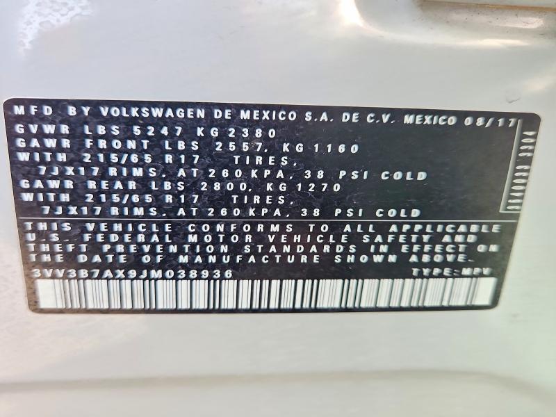 Продажа на аукционе авто 2018 Volkswagen Tiguan, vin: 3VV3B7AX9JM038936, номер лота: 60299406