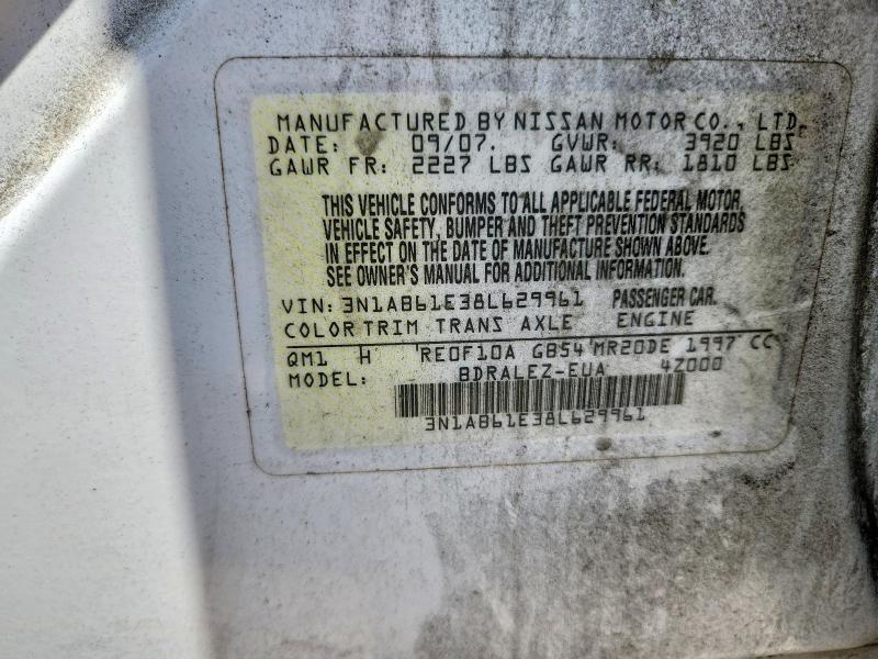 2008 Nissan Sentra მანქანა იყიდება აუქციონზე, vin: 3N1AB61E38L629961, აუქციონის ნომერი: 59235916
