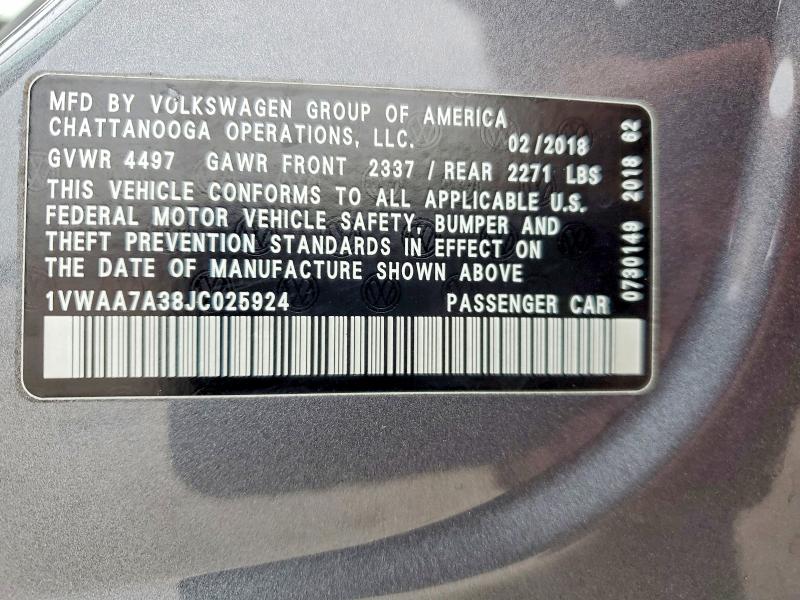 Aukcja sprzedaży 2018 Volkswagen Passat, vin: 1VWAA7A38JC025924, numer aukcji: 62621766