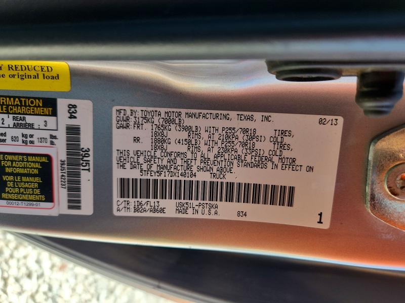 60512856 :رقم المزاد ، 5TFEY5F17DX140104 vin ، 2013 Toyota Tundra مزاد بيع