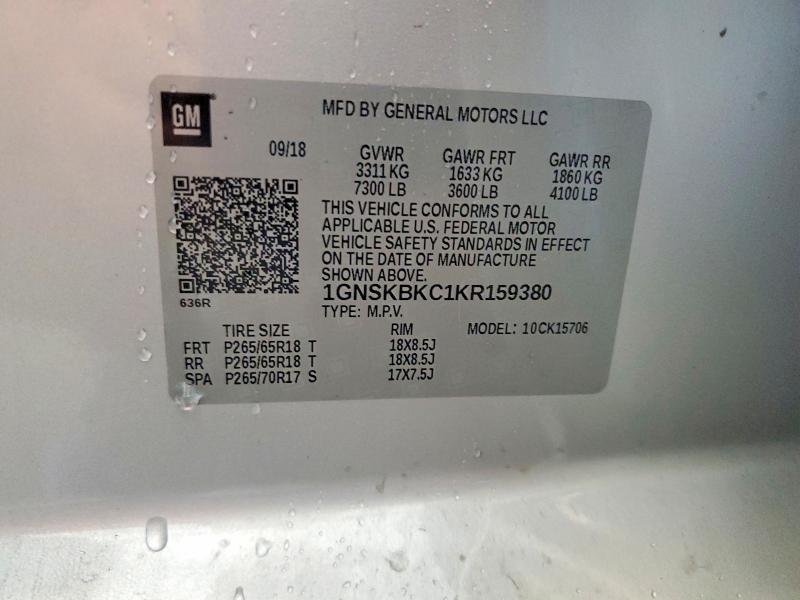 Продажа на аукционе авто 2019 Chevrolet Tahoe, vin: 1GNSKBKC1KR159380, номер лота: 63187806