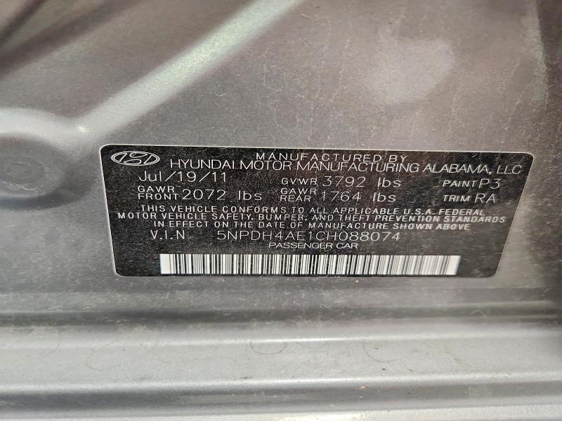 Aukcja sprzedaży 2012 Hyundai Elantra, vin: 5NPDH4AE1CH088074, numer aukcji: 61743606
