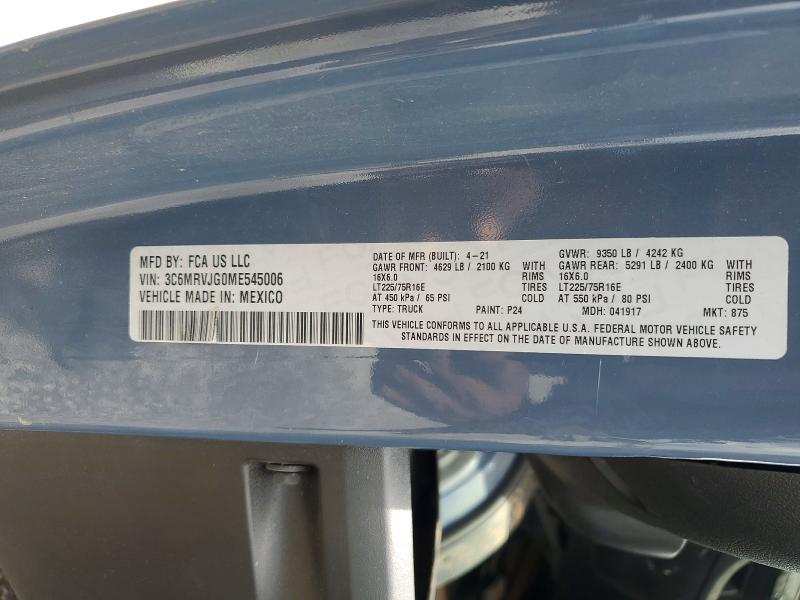 59746256 :رقم المزاد ، 3C6MRVJG0ME545006 vin ، 2021 Ram Promaster 3500 مزاد بيع