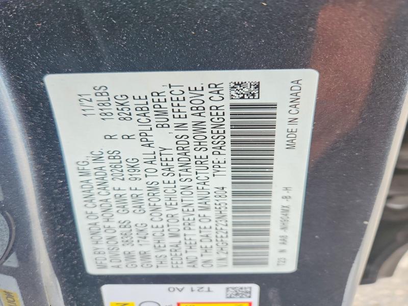 2022 Honda Civic მანქანა იყიდება აუქციონზე, vin: 2HGFE2F23NH551804, აუქციონის ნომერი: 60323396