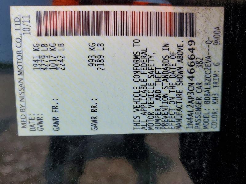 Aukcja sprzedaży 2012 Nissan Altima, vin: 1N4AL2AP3CN466649, numer aukcji: 62844766