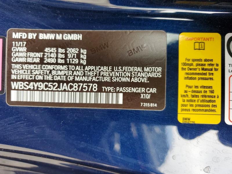 Продажа на аукционе авто 2018 Bmw M4, vin: WBS4Y9C52JAC87578, номер лота: 57441256