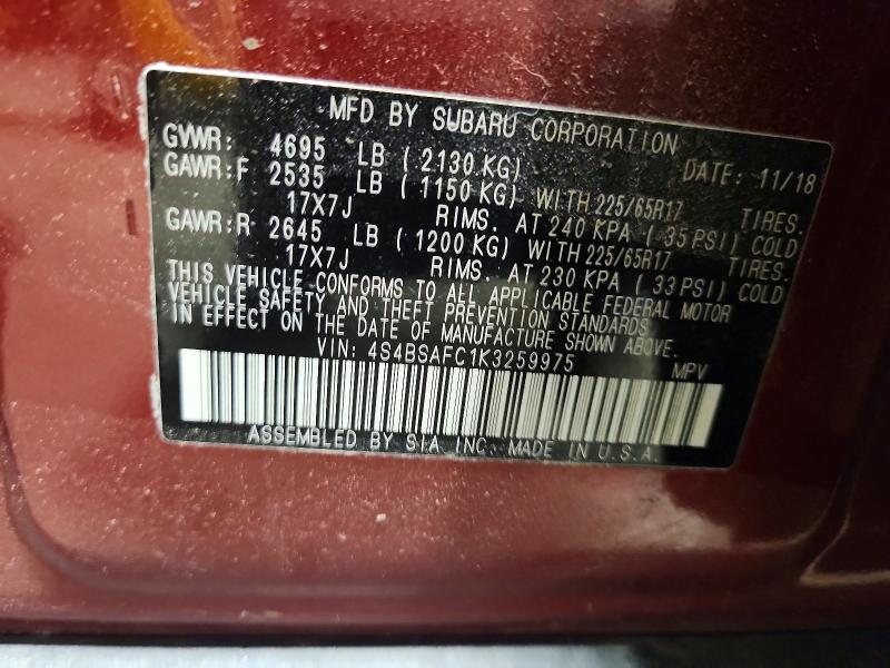 62270126 :رقم المزاد ، 4S4BSAFC1K3259975 vin ، 2019 Subaru Outback مزاد بيع