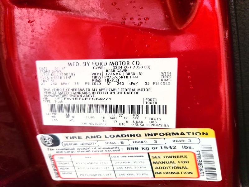 61503916 :رقم المزاد ، 1FTFW1EF0EFC64271 vin ، 2014 Ford F150 مزاد بيع