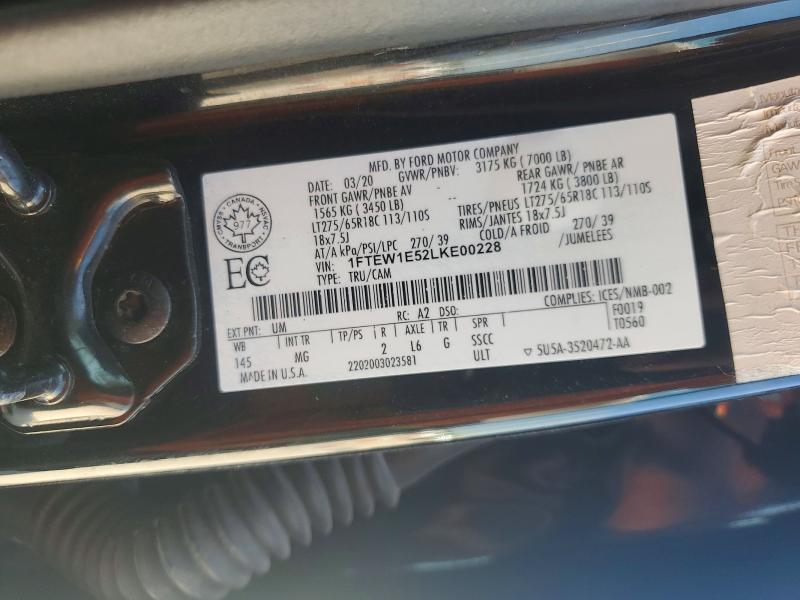 61127926 :رقم المزاد ، 1FTEW1E52LKE00228 vin ، 2020 Ford F150 مزاد بيع