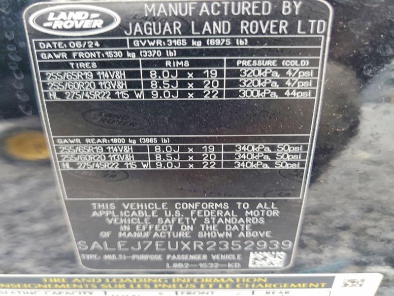 2024 Land Rover Defender მანქანა იყიდება აუქციონზე, vin: SALEJ7EUXR2352939, აუქციონის ნომერი: 63217796