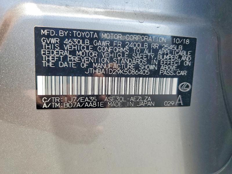 59686886 :رقم المزاد ، JTHBA1D29K5086405 vin ، 2019 Lexus Is مزاد بيع