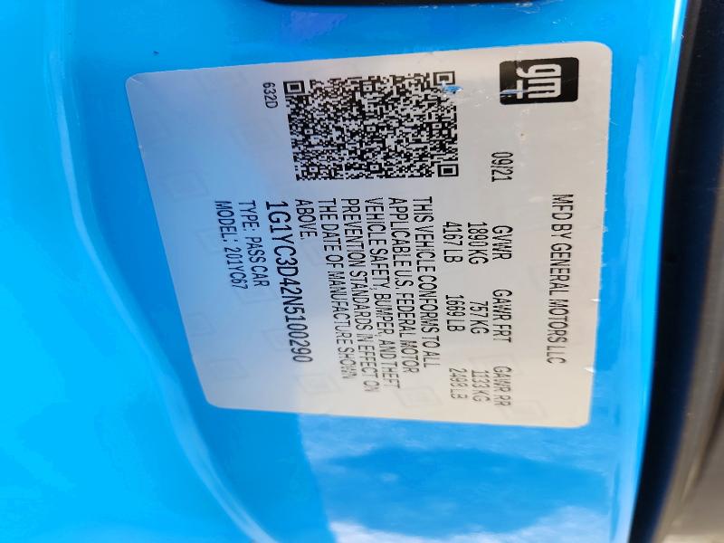 2022 Chevrolet Corvette მანქანა იყიდება აუქციონზე, vin: 1G1YC3D42N5100290, აუქციონის ნომერი: 62057766