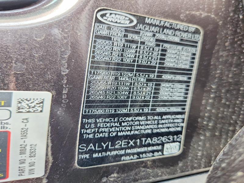 Aukcja sprzedaży 2026 Land Rover Range Rover Velar, vin: SALYL2EX1TA826312, numer aukcji: 62609706