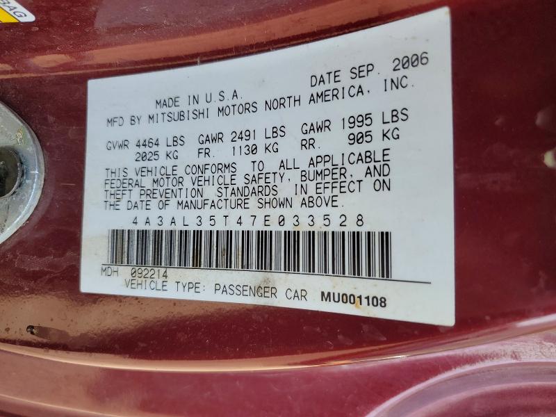 61365846 :رقم المزاد ، 4A3AL35T47E033528 vin ، 2007 Mitsubishi Eclipse مزاد بيع