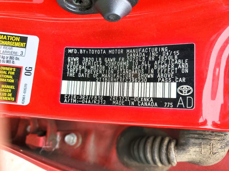 2015 Toyota Corolla მანქანა იყიდება აუქციონზე, vin: 2T1BURHEXFC396230, აუქციონის ნომერი: 60461696