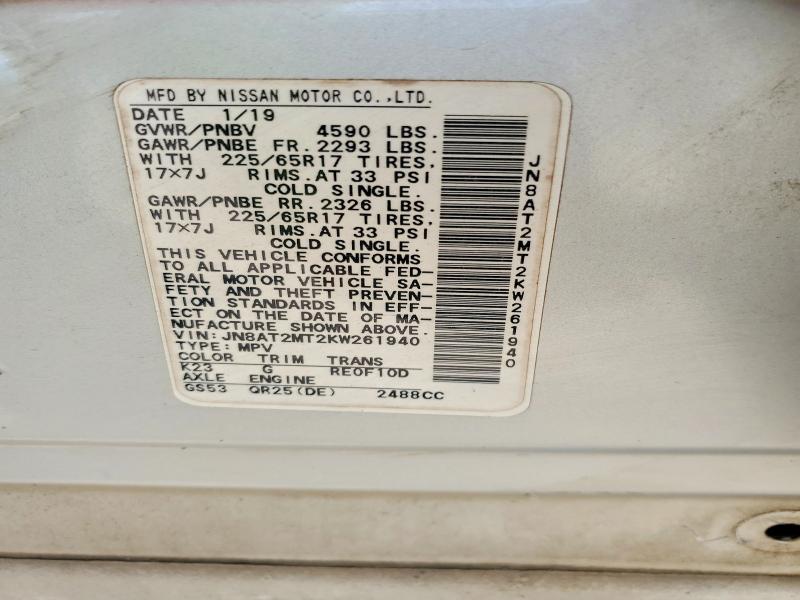 59674186 :رقم المزاد ، JN8AT2MT2KW261940 vin ، 2019 Nissan Rogue مزاد بيع