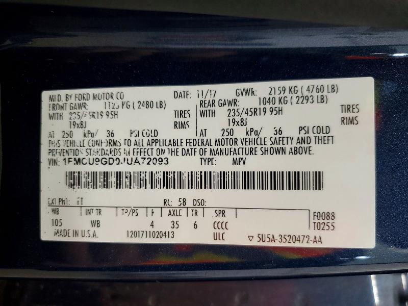 Aukcja sprzedaży 2018 Ford Escape, vin: 1FMCU9GD0JUA72093, numer aukcji: 60777766
