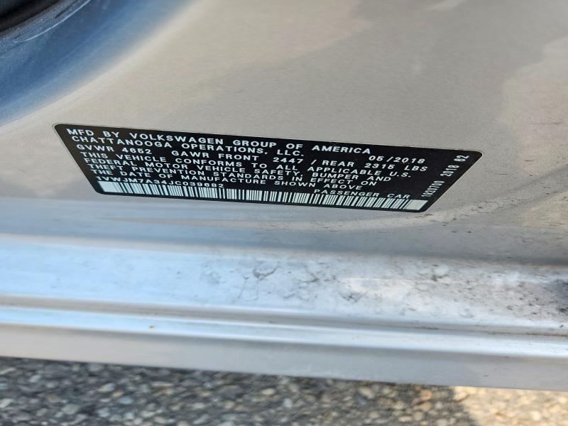 2018 Volkswagen Passat მანქანა იყიდება აუქციონზე, vin: 1VWJM7A34JC039682, აუქციონის ნომერი: 60843496