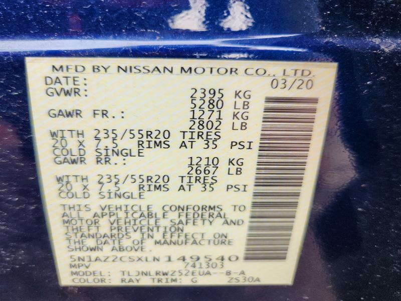 61024976 :رقم المزاد ، 5N1AZ2CSXLN149540 vin ، 2020 Nissan Murano مزاد بيع