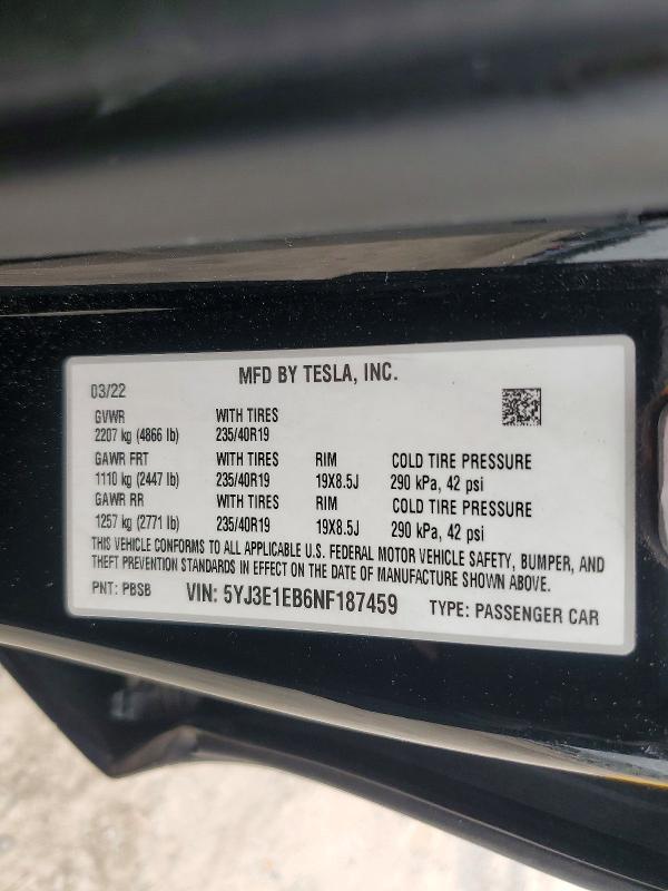 Aukcja sprzedaży 2022 Tesla Model 3, vin: 5YJ3E1EB6NF187459, numer aukcji: 62822346