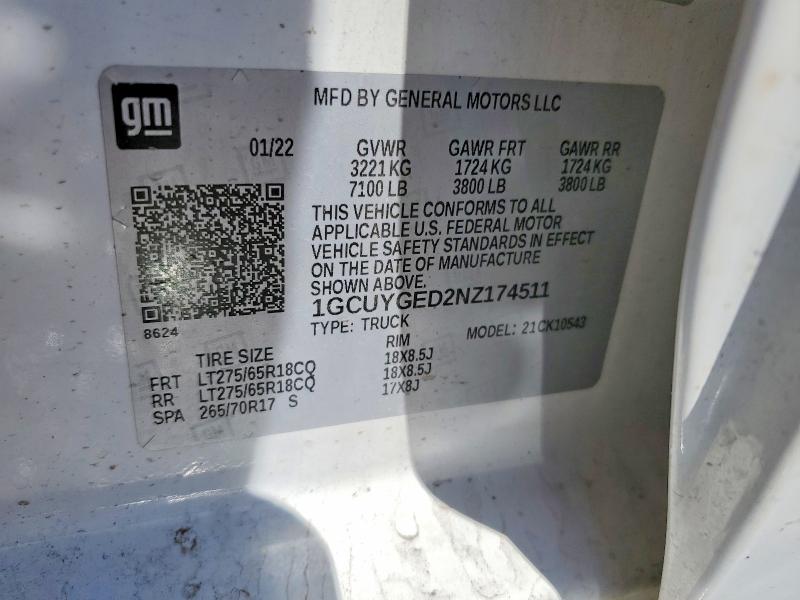 60852876 :رقم المزاد ، 1GCUYGED2NZ174511 vin ، 2022 Chevrolet Silverado Ltd مزاد بيع