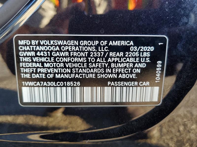 60844326 :رقم المزاد ، 1VWCA7A30LC018526 vin ، 2020 Volkswagen Passat مزاد بيع