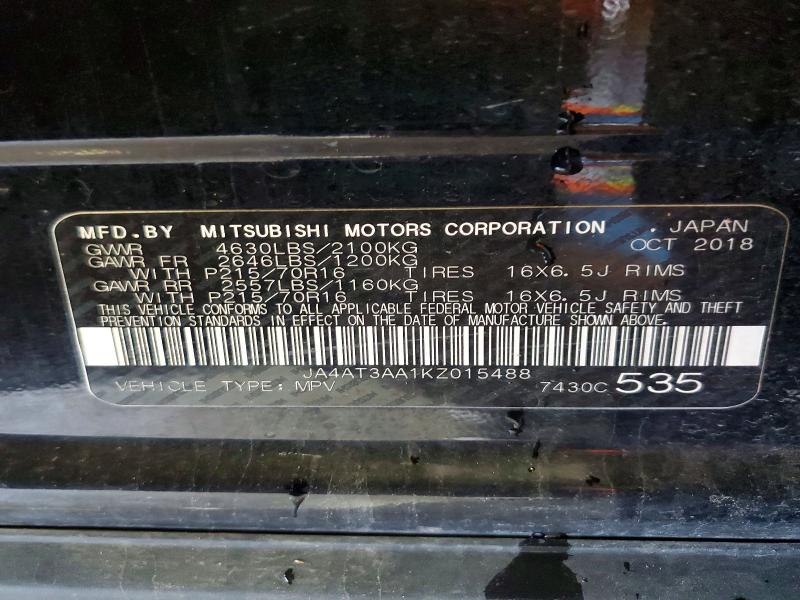 2019 Mitsubishi Eclipse Cross მანქანა იყიდება აუქციონზე, vin: JA4AT3AA1KZ015488, აუქციონის ნომერი: 60799206