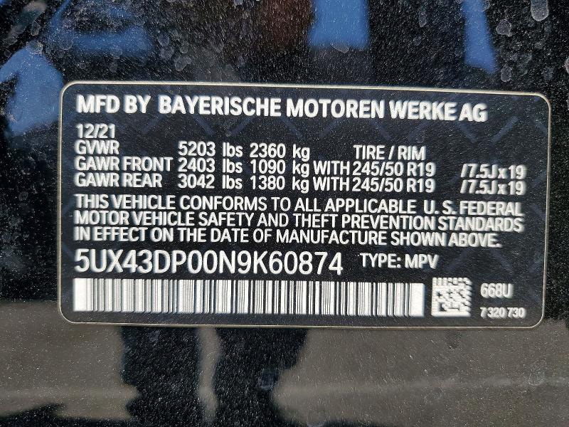 61182346 :رقم المزاد ، 5UX43DP00N9K60874 vin ، 2022 Bmw X3 مزاد بيع