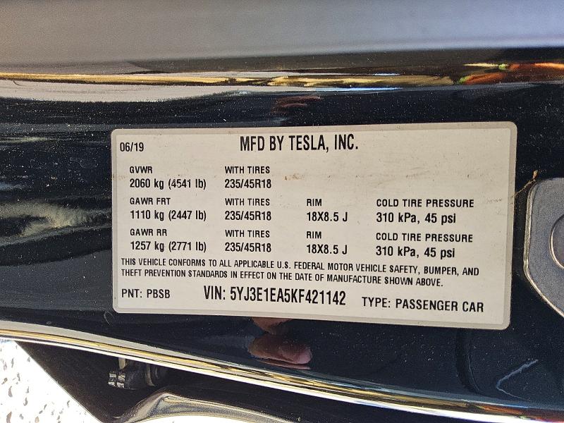 Продажа на аукционе авто 2019 Tesla Model 3, vin: 5YJ3E1EA5KF421142, номер лота: 62704936