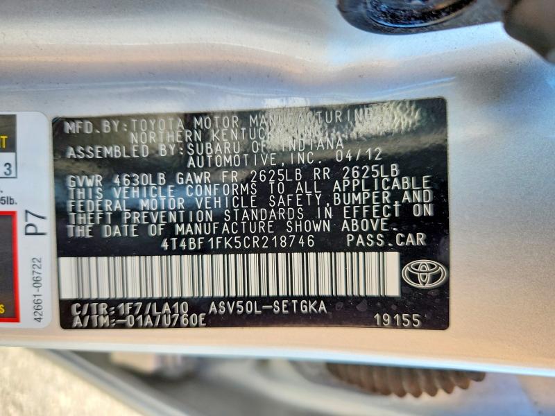 Aukcja sprzedaży 2012 Toyota Camry, vin: 4T4BF1FK5CR218746, numer aukcji: 62650296