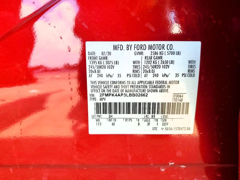 2020 Ford Edge მანქანა იყიდება აუქციონზე, vin: 2FMPK4AP3LBB02662, აუქციონის ნომერი: 59266916