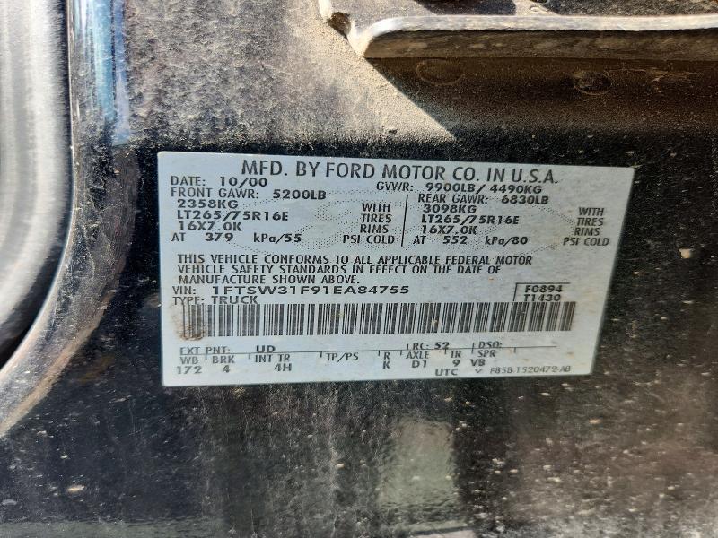 2001 Ford F350 მანქანა იყიდება აუქციონზე, vin: 1FTSW31F91EA84755, აუქციონის ნომერი: 55766456