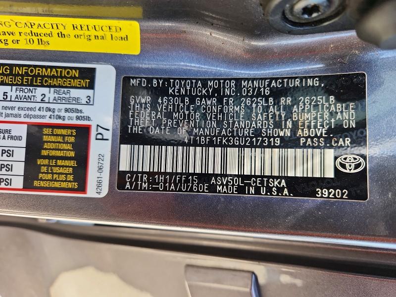 60280846 :رقم المزاد ، 4T1BF1FK3GU217319 vin ، 2016 Toyota Camry مزاد بيع