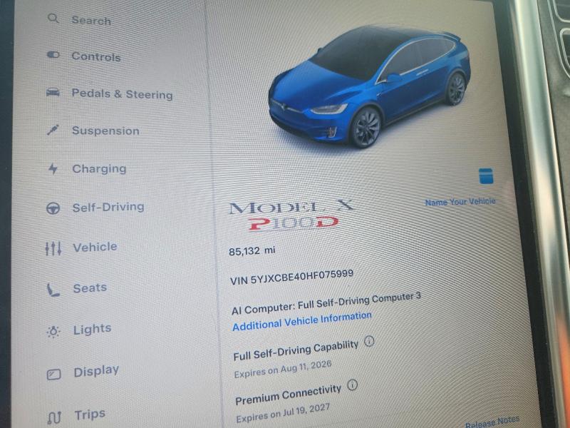 2017 Tesla Model X მანქანა იყიდება აუქციონზე, vin: 5YJXCBE40HF075999, აუქციონის ნომერი: 61919646