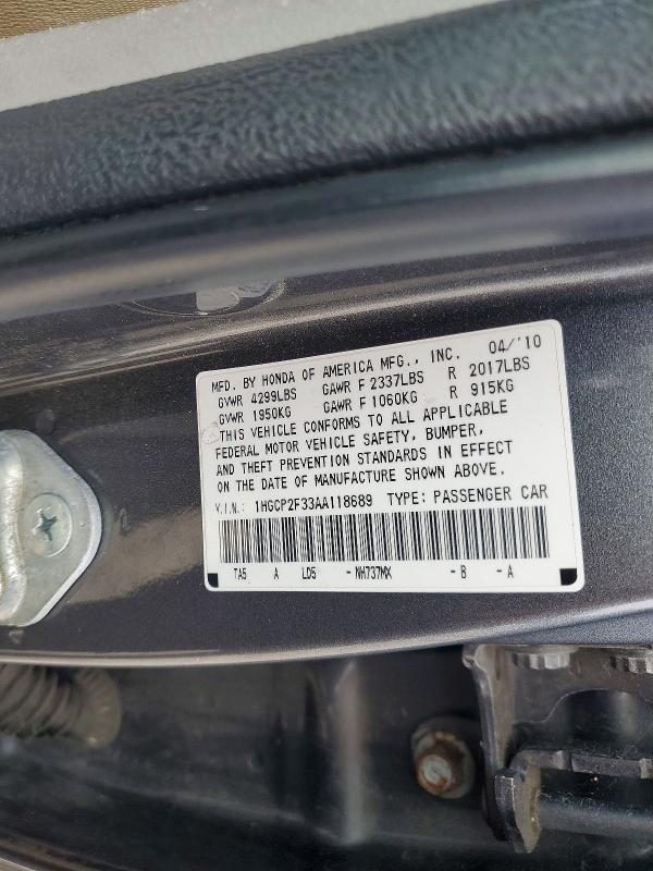 62141056 :رقم المزاد ، 1HGCP2F33AA118689 vin ، 2010 Honda Accord مزاد بيع