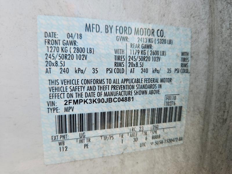 63195986 :رقم المزاد ، 2FMPK3K90JBC04881 vin ، 2018 Ford Edge مزاد بيع