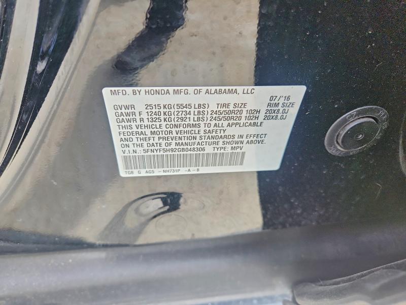 59956666 :رقم المزاد ، 5FNYF5H92GB048306 vin ، 2016 Honda Pilot مزاد بيع